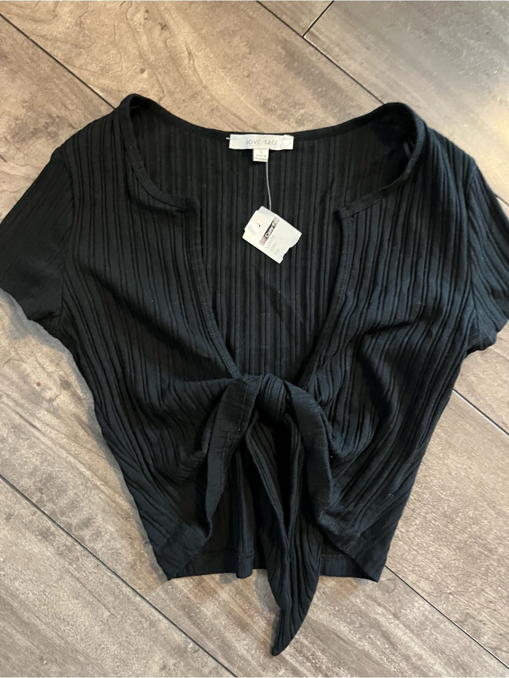 Love Tree Black Ribbed Tie-Front Crop Top